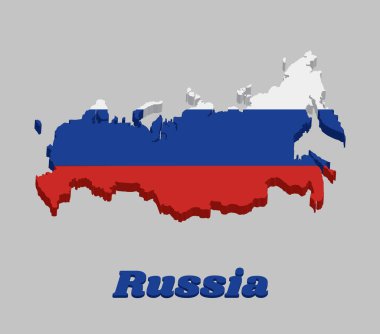 Rusya 'nın 3d haritası ve bayrağı, üç eşit yatay alandan oluşan üç renkli bir bayrak: üstte beyaz, altta mavi ve altta Rusya yazılı metin..