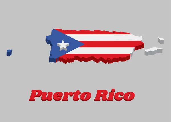3D波多黎各地图轮廓 横向白带和红带 其等腰三角形以悬挂侧边和白星为基础 文字名称为波多黎各 — 图库矢量图片