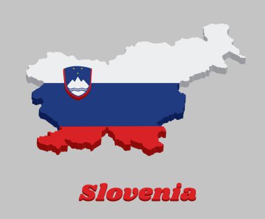 Slovenya 'nın 3d haritası ve bayrağı, beyaz mavi ve kırmızıdan oluşan yatay bir üçlemedir; kaldırma tarafında silah palto ile yüklüdür. Slovenya metni ile.