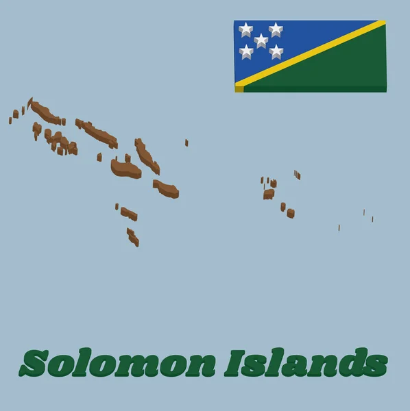 3D所罗门群岛的地图轮廓和国旗 是一条狭窄的黄色斜线 与绿色和蓝色三角形和星形对角线对角线分开 所罗门群岛 — 图库矢量图片