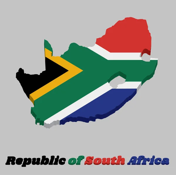 3D地図南アフリカの輪郭と旗 黒の三角形 白と緑の水平Yと金の三角形と赤と青の水平線 南アフリカのテキストで — ストックベクタ