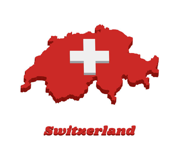 3d Map outline and flag of Switzerland, It is consists of a red flag with a white cross in the centre with text Switzerland.