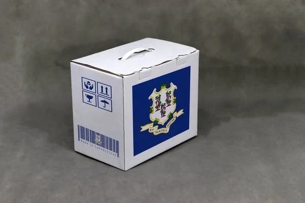 Connecticut Vlag Witte Doos Staatsvlag Barcode Met Breekbaar Symbool Grijze — Stockfoto