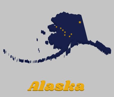 Alaska 'nın 3 boyutlu haritası ve bayrağı, 8 altın yıldız, mavi arka planda 