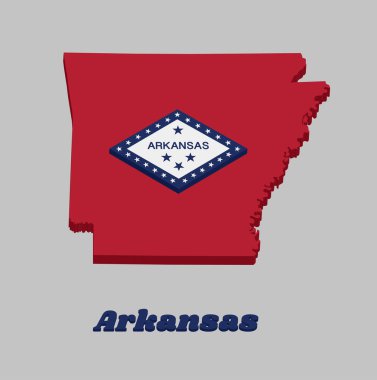 Arkansas 'ın 3d haritası ve bayrağı, kırmızı dikdörtgen bir alan, mavi ile çevrili büyük beyaz bir elmas ve mavi şeritte dört mavi yıldız bulunmaktadır. Arkansas metni ile.