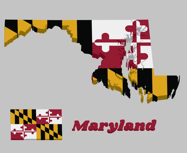 Maryland 'in 3D haritası ve bayrağı, George Calvert' in Heraldik bayrağı, 1. Baron Baltimore. Maryland metni ile.