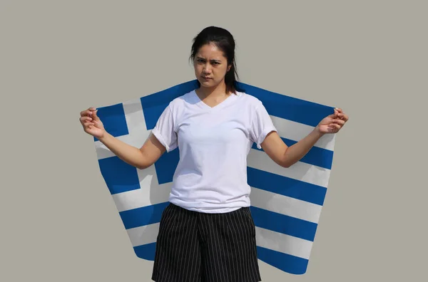 Woman Holding Greece Fabric Flag Her Shoulder Turn Back Grey — Stock Photo, Image