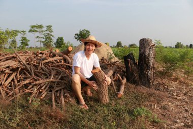 Şeker kamışı çiftliğindeki odun yığınında kerestelerle oturan ve beyaz tişörtlü hasır şapka giyen bir çiftçi..