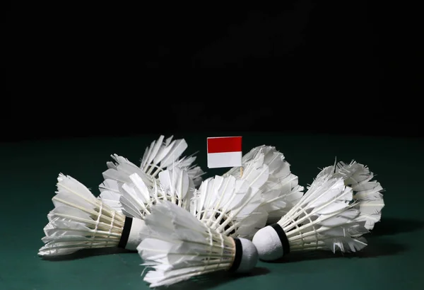 Badminton Kortunun Yeşil Zemininde Siyah Arka Planlı Kullanılmış Mekik Yığınına — Stok fotoğraf