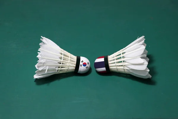 Duas Vaivéns Usadas Chão Verde Corte Badminton Com Ambas Cabeças — Fotografia de Stock
