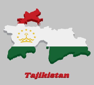 Tacikistan 'ın 3 boyutlu haritası ve bayrağı, kırmızı beyaz ve yeşilden oluşan yatay bir üçgen; yedi yıldızlı bir kavis ve Tacikistan yazısıyla sarmalanmış bir taç ile suçlanıyor..