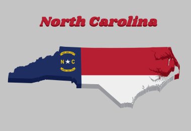 Kuzey Carolina 'nın 3 boyutlu haritası ve bayrağı, bir mavi birlik, N ve C' li beyaz bir yıldız, birliğin üçte biri genişliğinde ve metni Kuzey Carolina 'da bulunan bir daire..