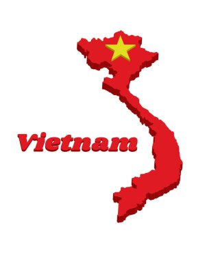 Vietnam 'ın kırmızı ve sarı yıldızlı üç boyutlu haritası ve bayrağı..