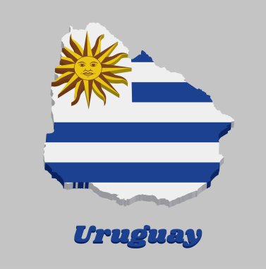 Uruguay 'ın 3D haritası ve bayrağı, açık mavi ve Mayıs Güneşi ile alternatif beyaz yatay çizgiler, Uruguay metni.