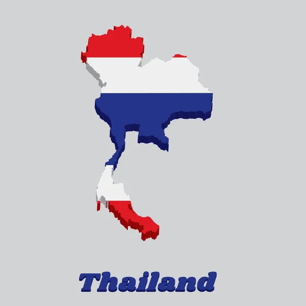 泰国蓝色 红色和白色并附有名称文本的泰国3D地图轮廓和国旗 — 图库矢量图片