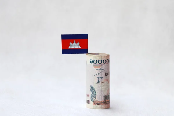 Rolou Dinheiro Notas Dez Mil Riel Cambojano Mini Bandeira Cambojana — Fotografia de Stock