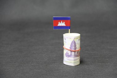 100 Kamboçya Riel 'ı. Koyu gri zemin ve arka planda mini Kamboçya bayrağı. Finans sektörü kavramı.