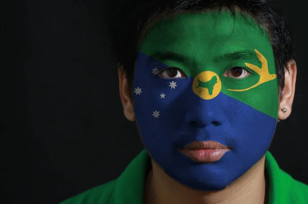 Retrato Hombre Con Bandera Isla Navidad Pintado Cara Sobre Fondo — Foto de Stock