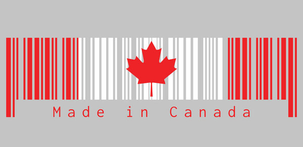 Barcode set the color of Canada flag,  a vertical triband of red and white with the red maple leaf with text: Made in Canada. concept of sale or business.