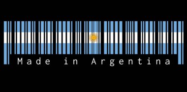 Barkod Arjantin bayrağının rengini belirledi, mavi ve beyaz, Mayıs ayının güneşiyle birlikte siyah arka planda: Arjantin yapımı. satış ya da iş konsepti.