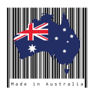 Avustralya 'nın ana hatlarını ve bayrağını beyaz arkaplanlı siyah barkodla gösteren yazı: Avustralya yapımı. satış ya da iş konsepti.