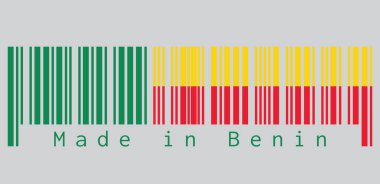 Barkod Benin bayrağının rengini belirledi, gri arka planda yeşil dikey şeritli sarı ve kırmızı iki renkli bir yatay renk, metin: Benin yapımı. satış ya da iş konsepti. 