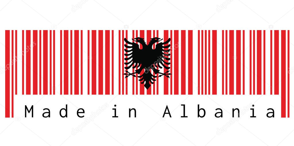 Barcode set the color of Albania flag, a red with the black double-headed eagle on white background with text: Made in Albania. concept of sale or business.