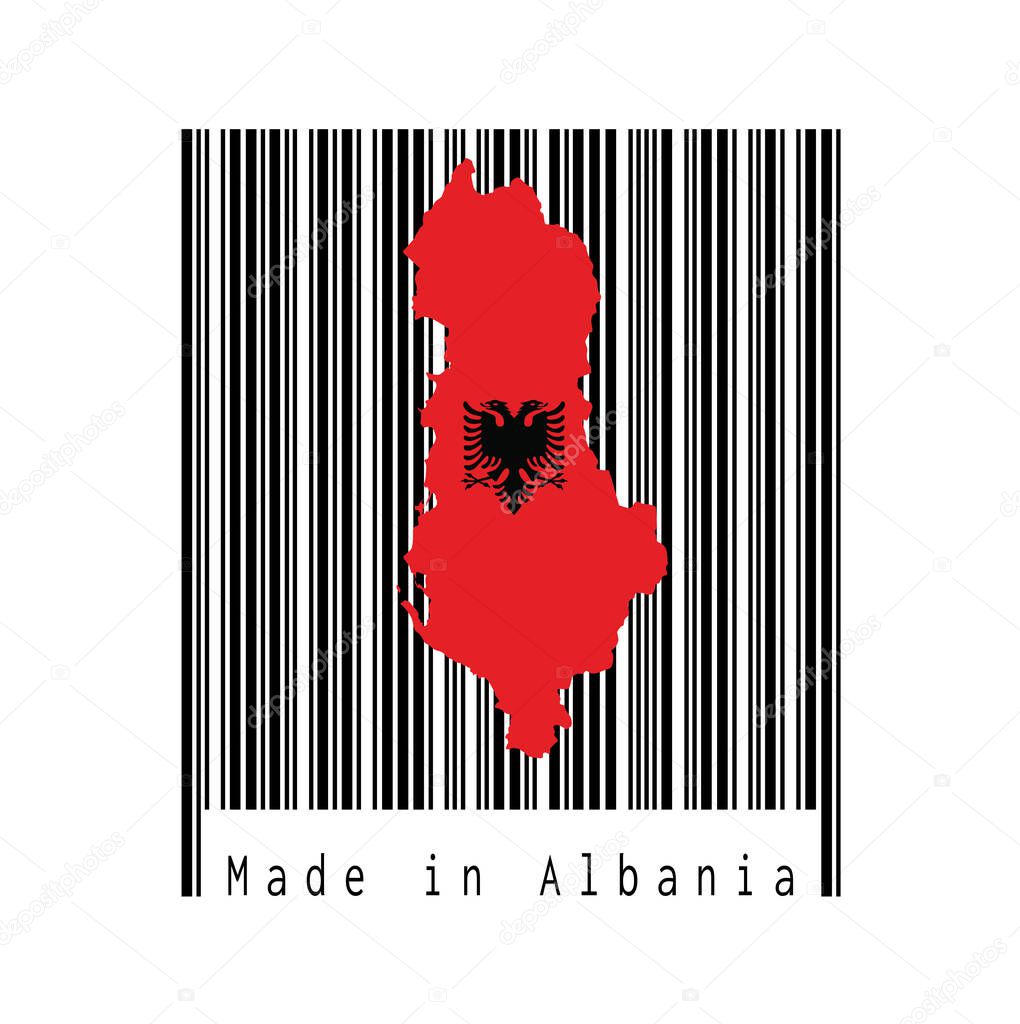 Map outline and flag of Albania, a red with the black double-headed eagle on the black barcode with white background, text: Made in Albania. concept of sale or business.