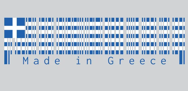 条形码设置了希腊国旗的颜色 9条蓝白相间的条纹 蓝色正方形上有一个白色的十字 希腊制造 销售或商业概念 — 图库矢量图片