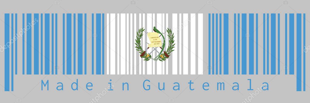 Barcode set the color of Guatemala flag, blue and white color with the national Emblem centered on white. text: Made in Guatemala. Concept of sale or business.
