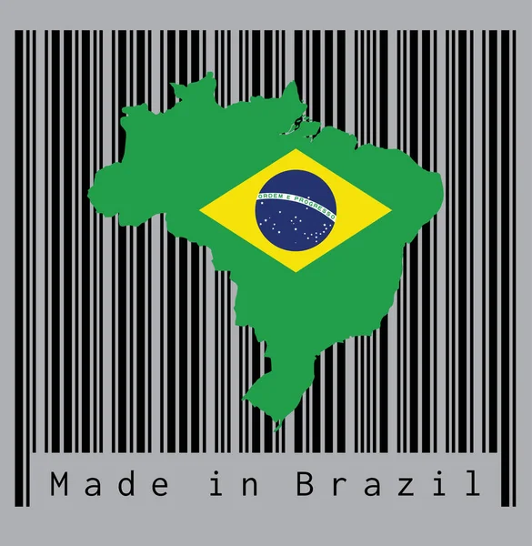 地图轮廓和巴西国旗在黑色条形码上的灰色背景 巴西制造 销售或商业概念 — 图库矢量图片