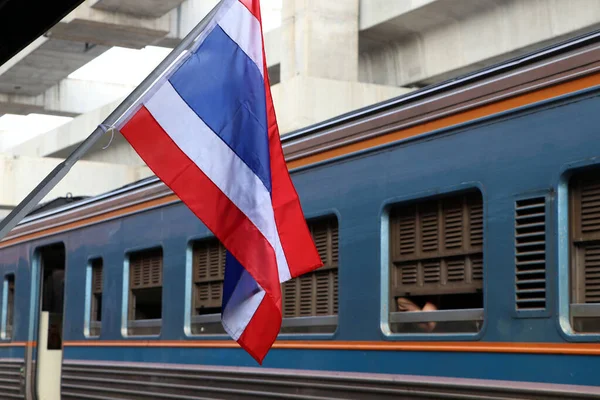 Thai Flag Train Station Background Train Run Leaving Station — Stock Photo, Image