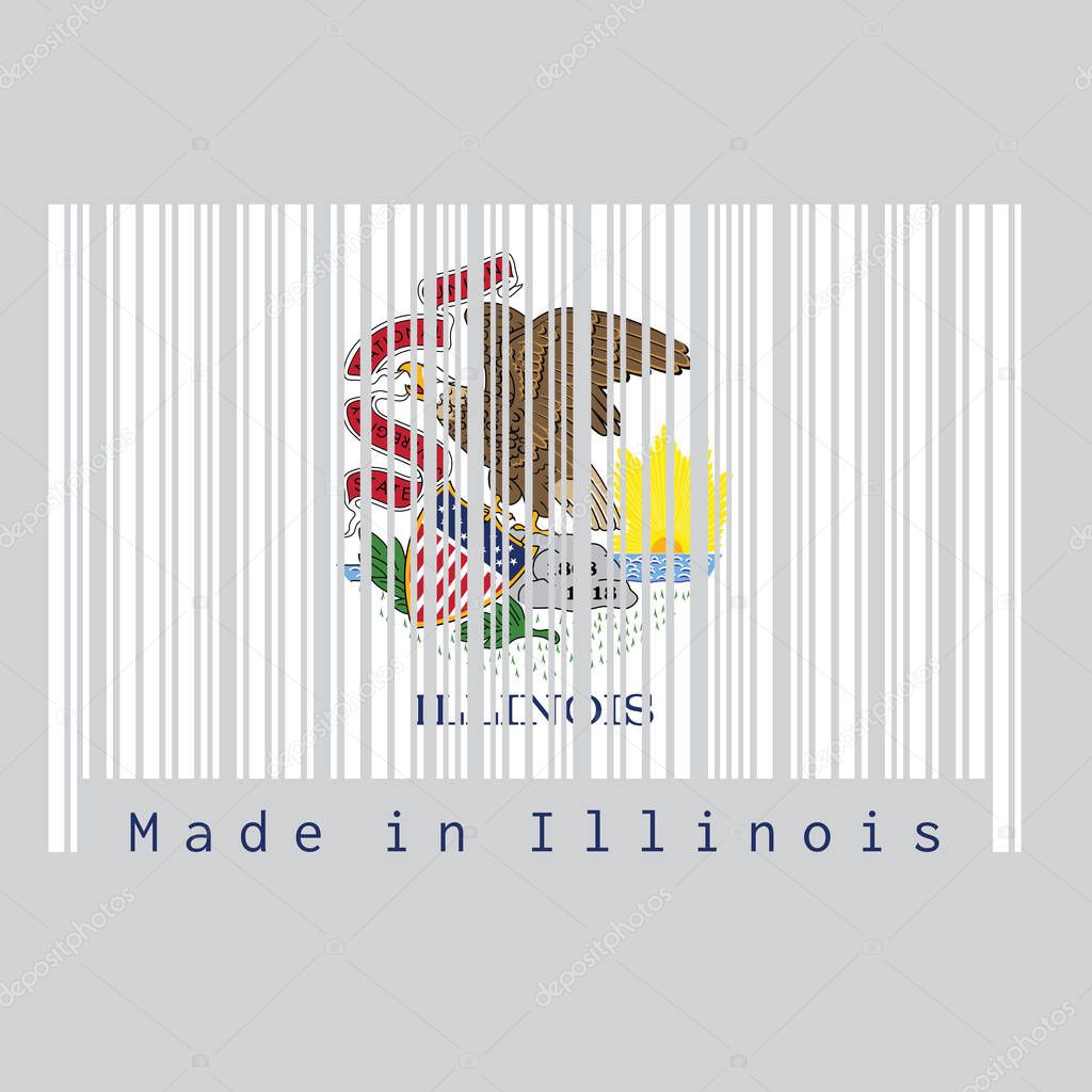 Barcode set the color of Illinois flag, the states of America. Seal of Illinois on a white background, text: Made in Illinois. Concept of sale or business.