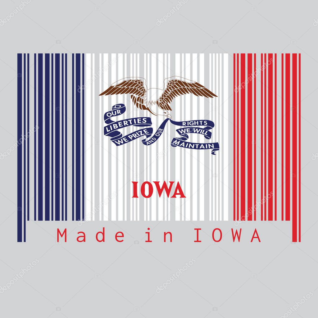 Barcode set the color of Iowa flag, the states of America. a vertical tricolor of blue white and red and the image of a bald eagle with a long ribbon. text: Made in Iowa. Concept of sale or business.