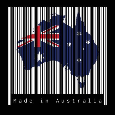 Barkod, Avustralya haritasının şeklini siyah arkaplanlı beyaz barkodla özetledi: Avustralya yapımı. satış ya da iş konsepti.