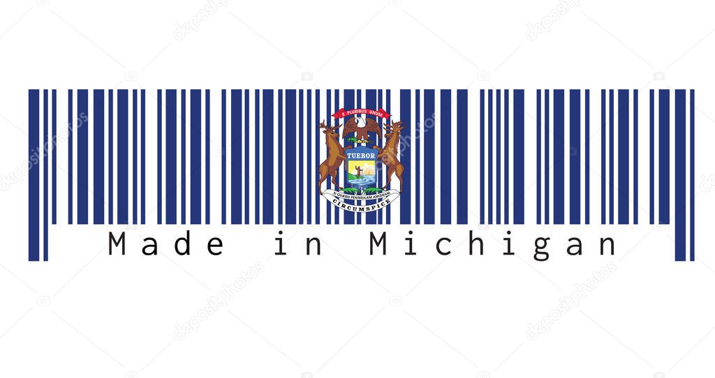 Barcode set the color of Michigan flag. State coat of arms on a dark blue field. text: Made in Michigan. Concept of sale or business.