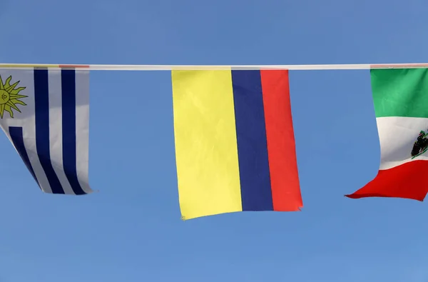 Mini Bandeira Trilho Tecido Colômbia Tricolor Nacional Cor Amarela Azul — Fotografia de Stock