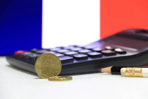 Euro Frankrike Framsidan Vitt Golv Med Svart Miniräknare Och Penna — Stockfoto