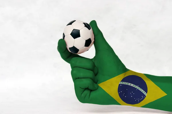 Mini Ball Football Brazil Flag Painted Hand White Background Concept — Stock Photo, Image