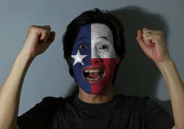 Cheerful Portrait Man Flag Texas Painted His Face Grey Background — Stock Photo, Image