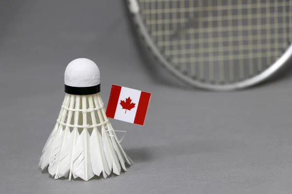 迷你加拿大国旗粘在白色的羽毛球上 灰色的背景和突出的羽毛球球拍 羽毛球运动的概念 — 图库照片