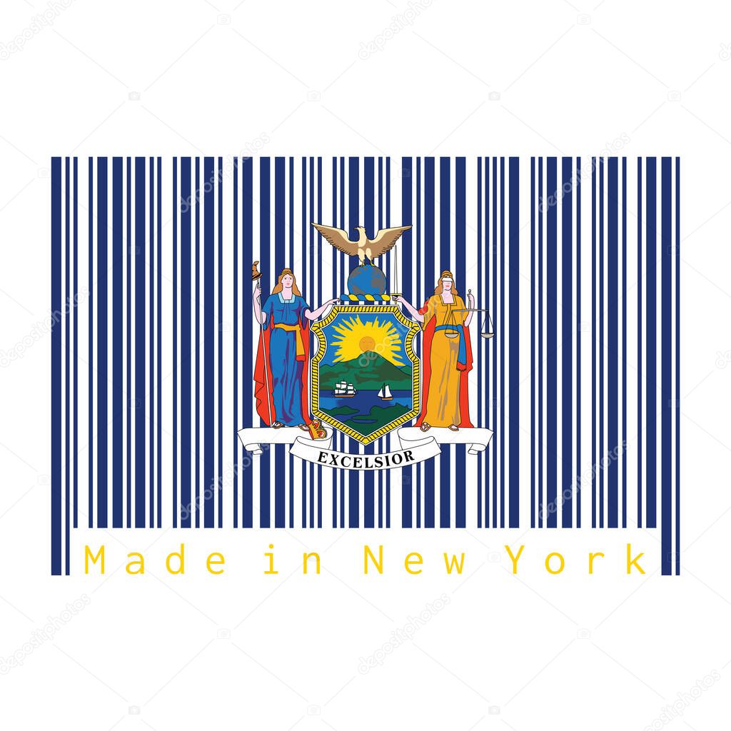Barcode set the color of New York flag, coat of arms of the state of New York on blue field. text: Made in New York. Concept of sale or business.