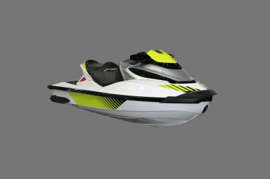 Gri arkaplanda jet ski izole edildi. Kesme yolu, suyun yüzeyinden kayarak geçen küçük, jet motorlu bir araçtır ve genellikle bir motosiklet gibi sürülür..