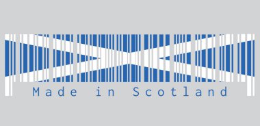 Barkod İskoçya bayrağının rengini belirledi, köşelerine kadar uzanan beyaz çapraz haçlı mavi bir alan. Metin: İskoçya 'da üretildi, satış veya iş konsepti.