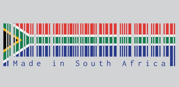 バーコードは 黒の三角形 白と緑の水平Yと三角形に対して金で南アフリカのフラグ 赤と青の色を設定します 南アフリカ製 — ストックベクタ