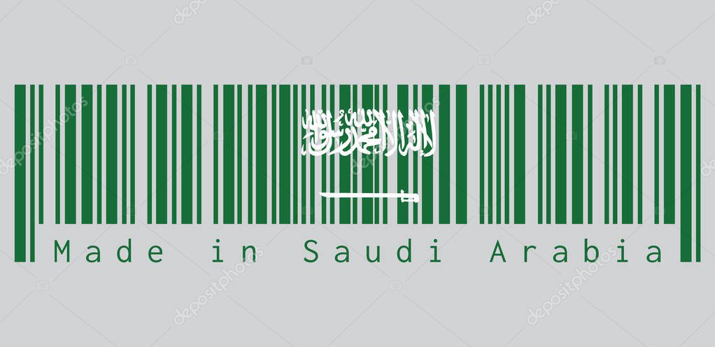 Barcode set the color of Saudi Arabia flag, a green field with the Shahada or Muslim creed written in the Thuluth script in white above a horizontal saber. text: Made in Saudi Arabia.