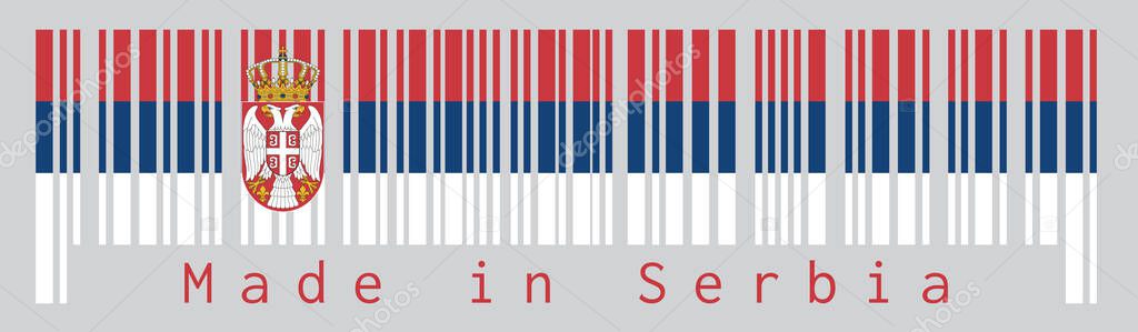 Barcode set the color of Serbian flag, a horizontal tricolor of red blue and white; charged with the lesser Coat of arms left of center. text: Made in Serbia. Concept of sale or business.