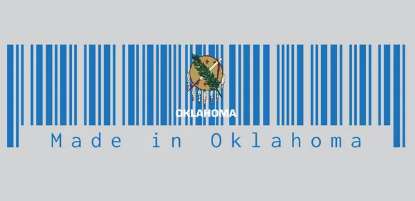 Barkod Oklahoma bayrağının rengini belirledi, Bufalo derisi kalkan ve gökyüzü mavisi bir tarlada yedi kartal tüyü. Oklahoma 'da yapılmış. satış ya da iş konsepti.
