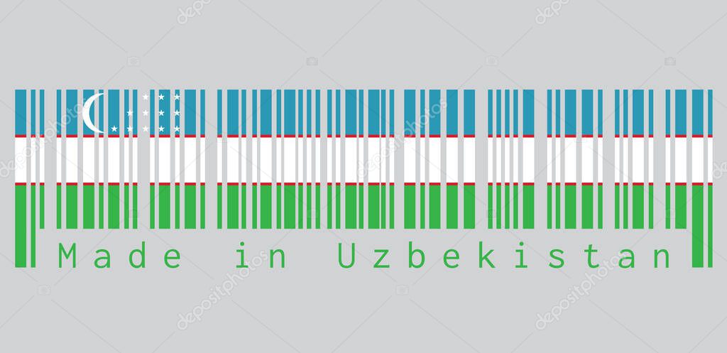 Barcode set the color of Uzbekistan flag, blue white and green stripes, separated by two narrow red stripes. A crescent and three rows of twelve stars. text: Made in Uzbekistan.