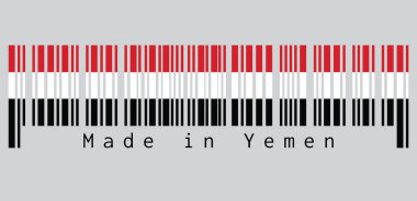 Barkod Yemen bayrağının rengini belirledi, kırmızı, beyaz ve siyah üç renkli bir yatay renk. Metin: Yemen yapımı. satış ya da iş konsepti.